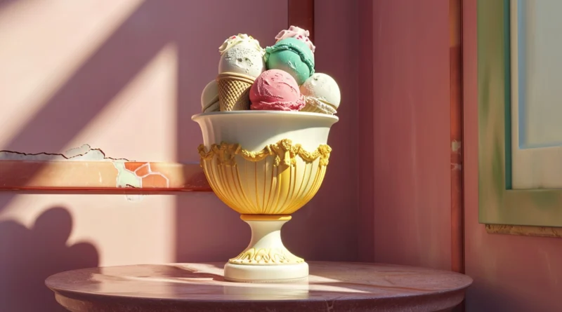 Bright ice cream served in a classic white bowl, garnished with a sprinkle of powder, highlighting its vibrant color and hinting at its unique, slightly bitter flavor.