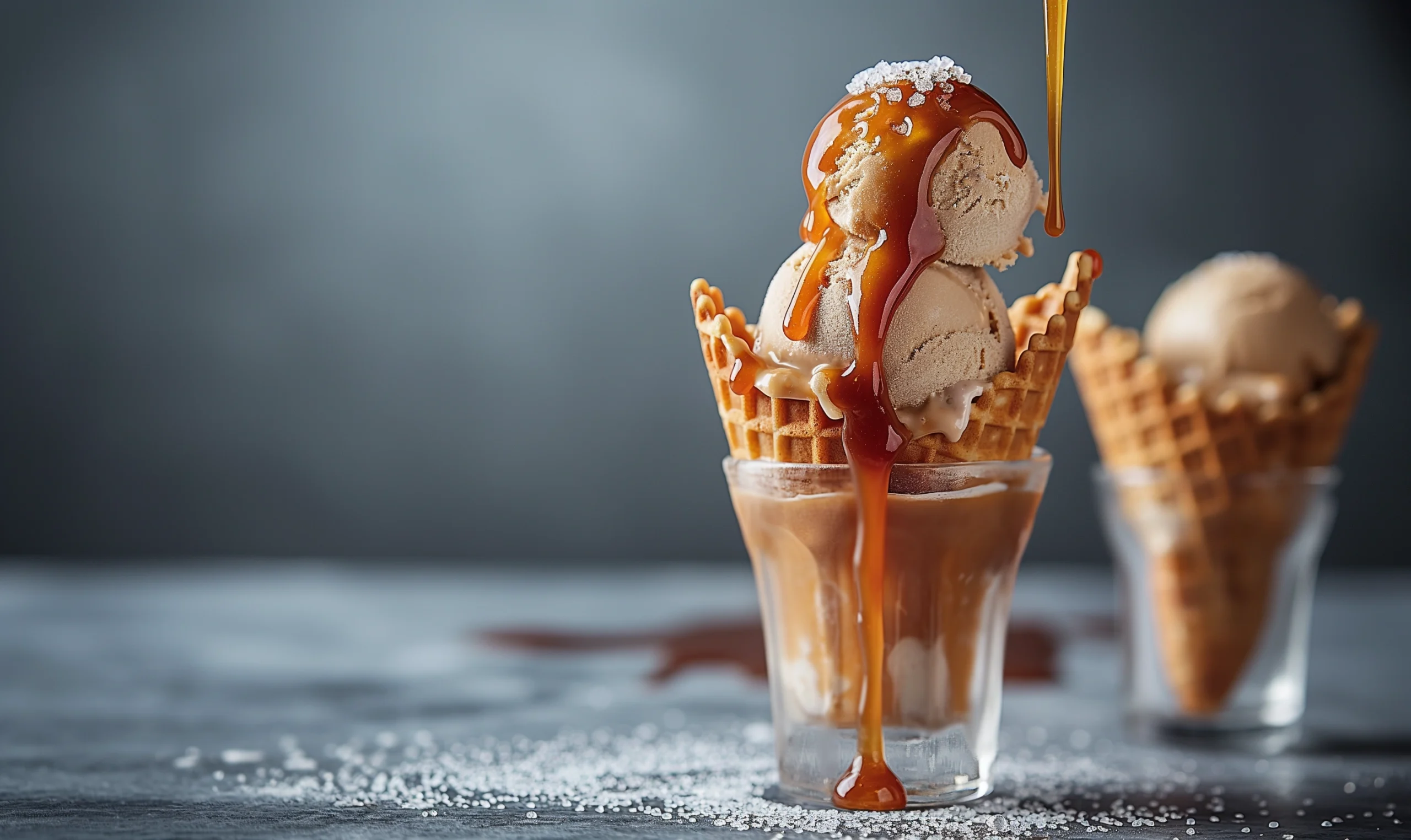 A cone of salted caramel ice cream, with visible swirls of caramel and a sprinkle of sea salt on top, held against a bright blue sky, capturing the balance of sweet and savory in a refreshing treat.
