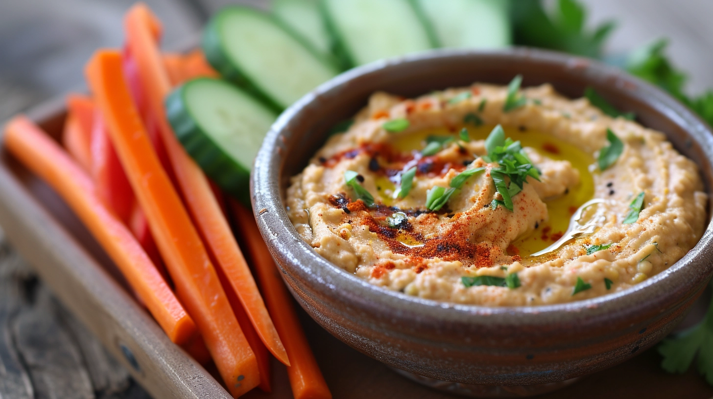 An assortment of colorful hummus bowls, each featuring a different flavor variation such as roasted red pepper, spinach and feta, and classic tahini, surrounded by an array of fresh vegetables and pita bread for dipping.