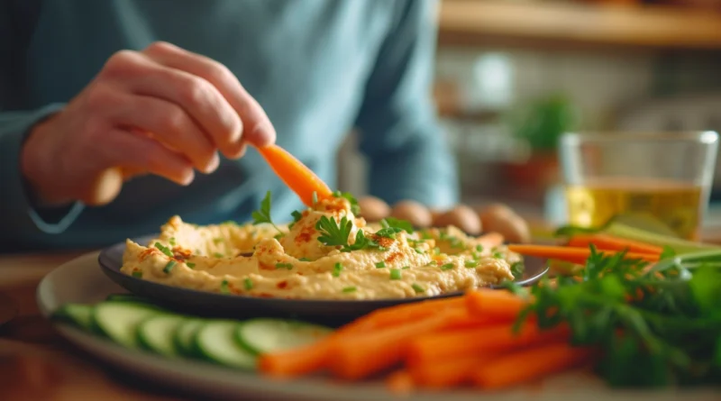 A bowl of creamy hummus topped with a drizzle of olive oil, sprinkled with paprika, and garnished with fresh parsley leaves, served with crisp slices of cucumber and carrot sticks.
