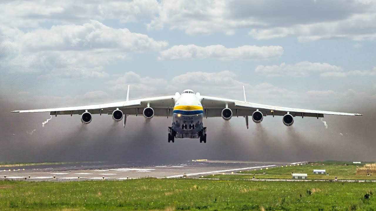 The An-225 Mriya lifting off the ground, demonstrating its powerful engines. 