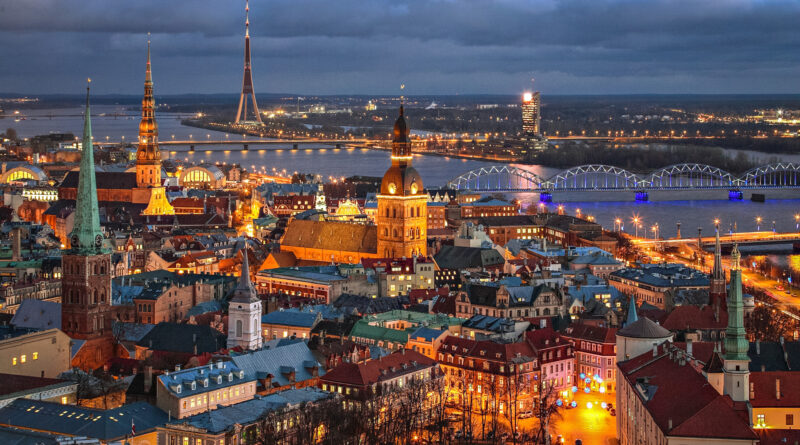 Aerial view of Riga’s Old Town with Gothic spires