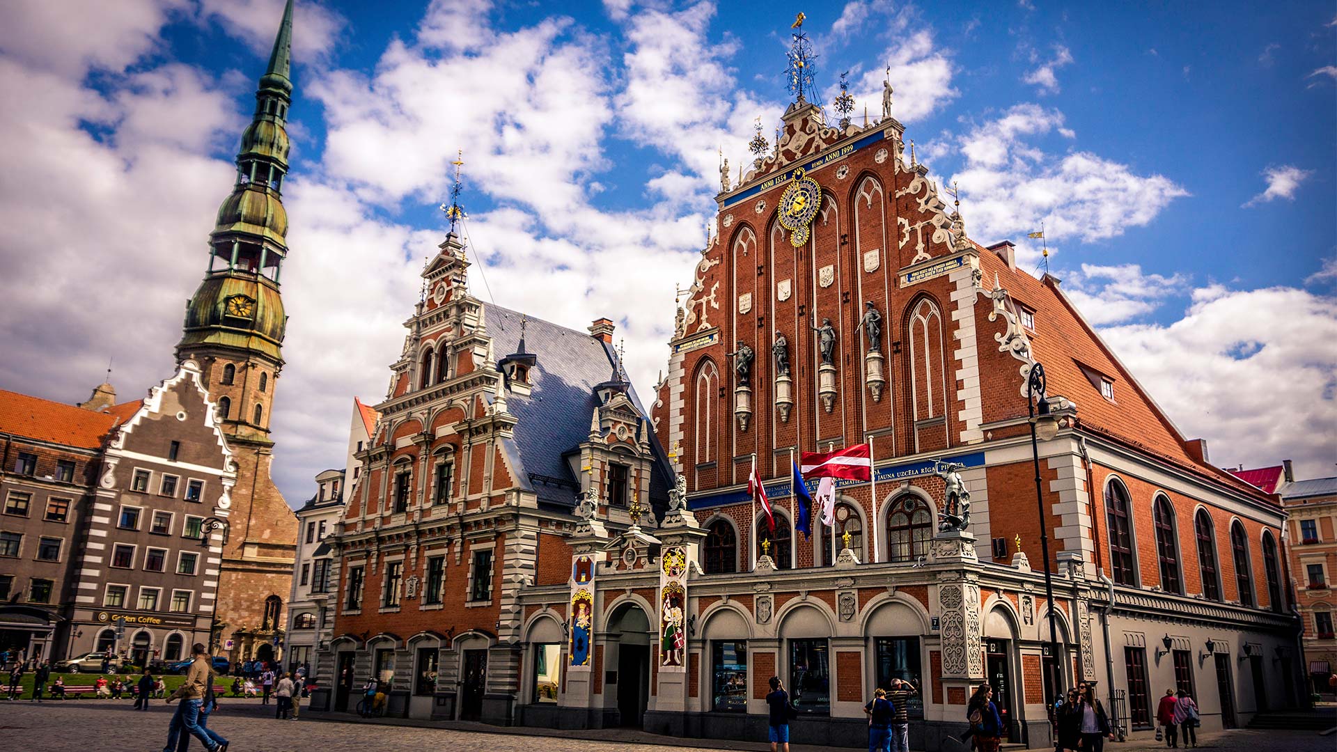 Colorful medieval buildings along Riga's cobblestone streets 