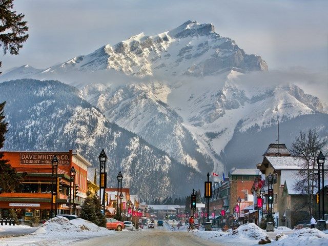 Snow-capped peaks in Banff National Park during winter 